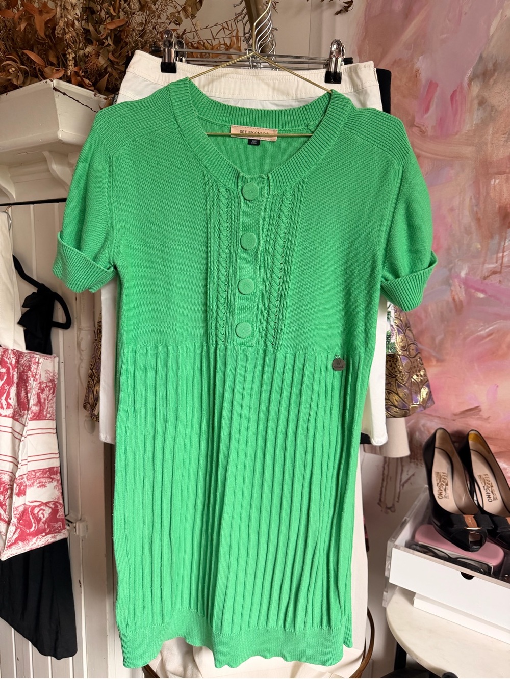 See By Chloé Bright Green Ribbed Knit Dress